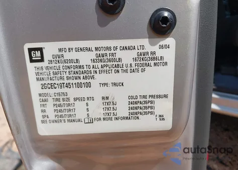 2005 Chevrolet Silverado 1500 Lt from USA, damaged, VIN 2GCEC19T451100100